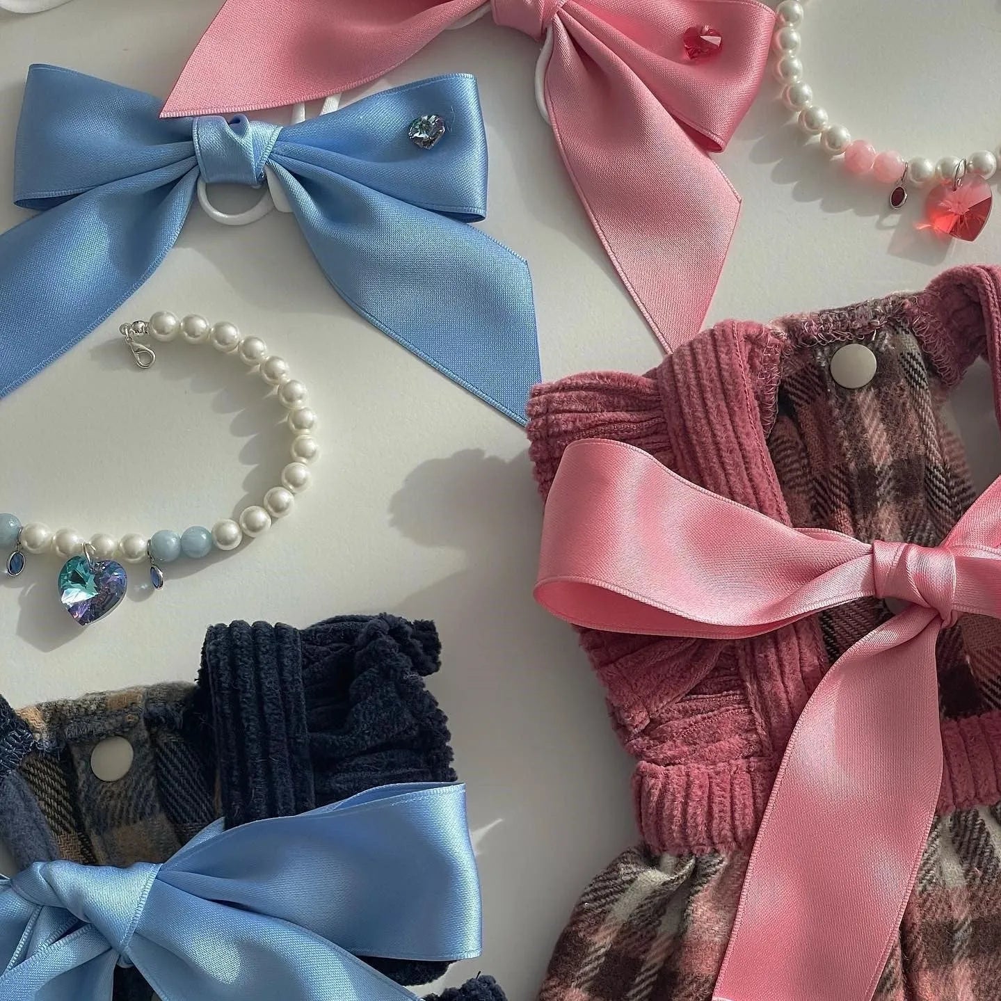 Blue princess bow dog hair band with adjustable tension on a small dog