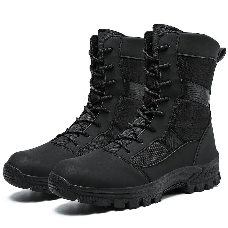 Men's black and camouflage plus size high-top mesh combat boots with totem detail.