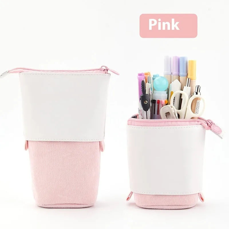 Purple PU corduroy Korean-style telescopic stationery case with zip closure.