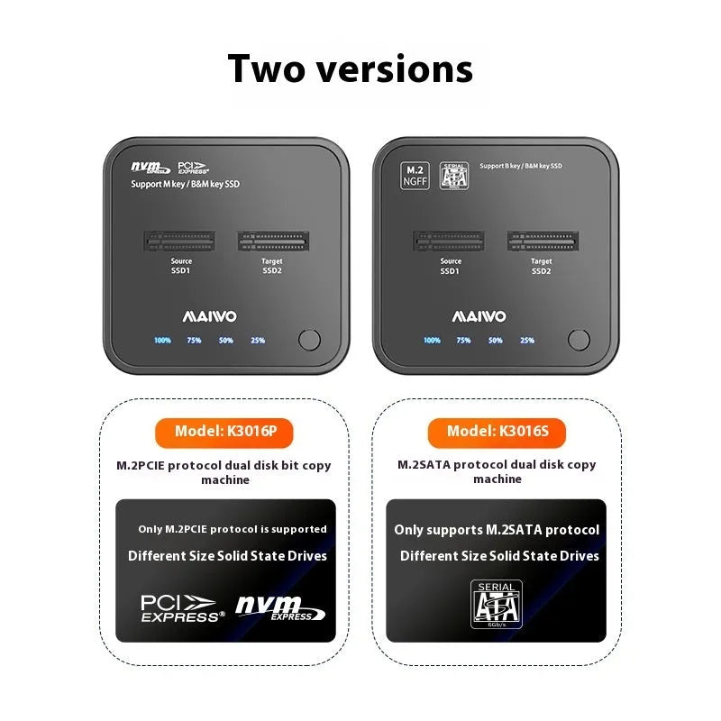 MAIWO K3016 M2 hard disk cloning dock for NVMe and SATA SSDs with USB cables and power adapter.