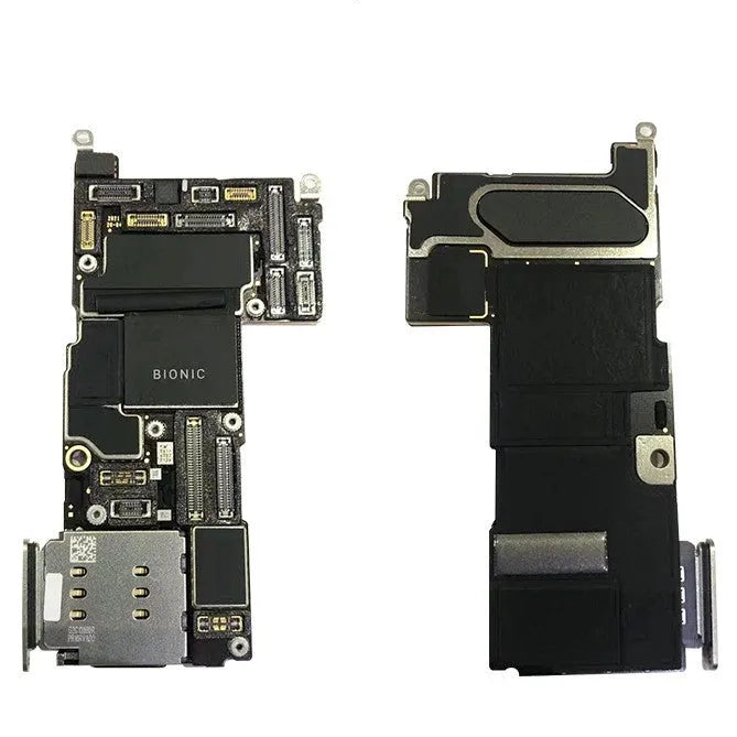Silver iPhone logic board spare part for iPhone 12, 12 mini, 12 Pro, and 12 Pro Max repair