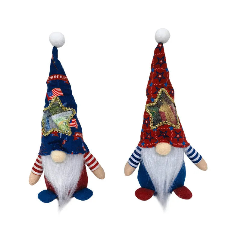 Set of two red and white Rudolf faceless baby doll ornaments made from cloth.