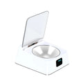 White automatic pet feeder with compact 210x170x92mm dimensions and USB rechargeable base