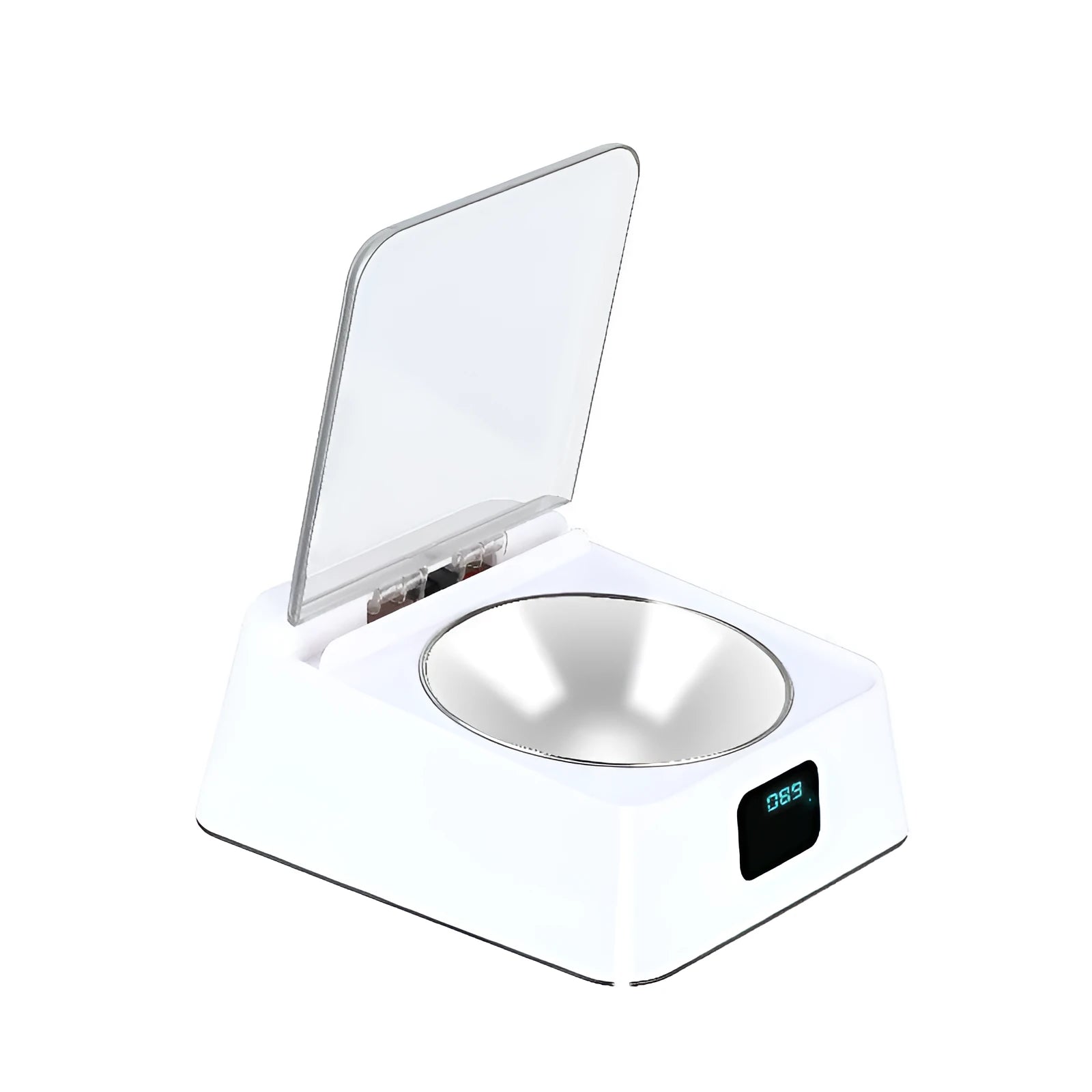 White automatic pet feeder with compact 210x170x92mm dimensions and USB rechargeable base