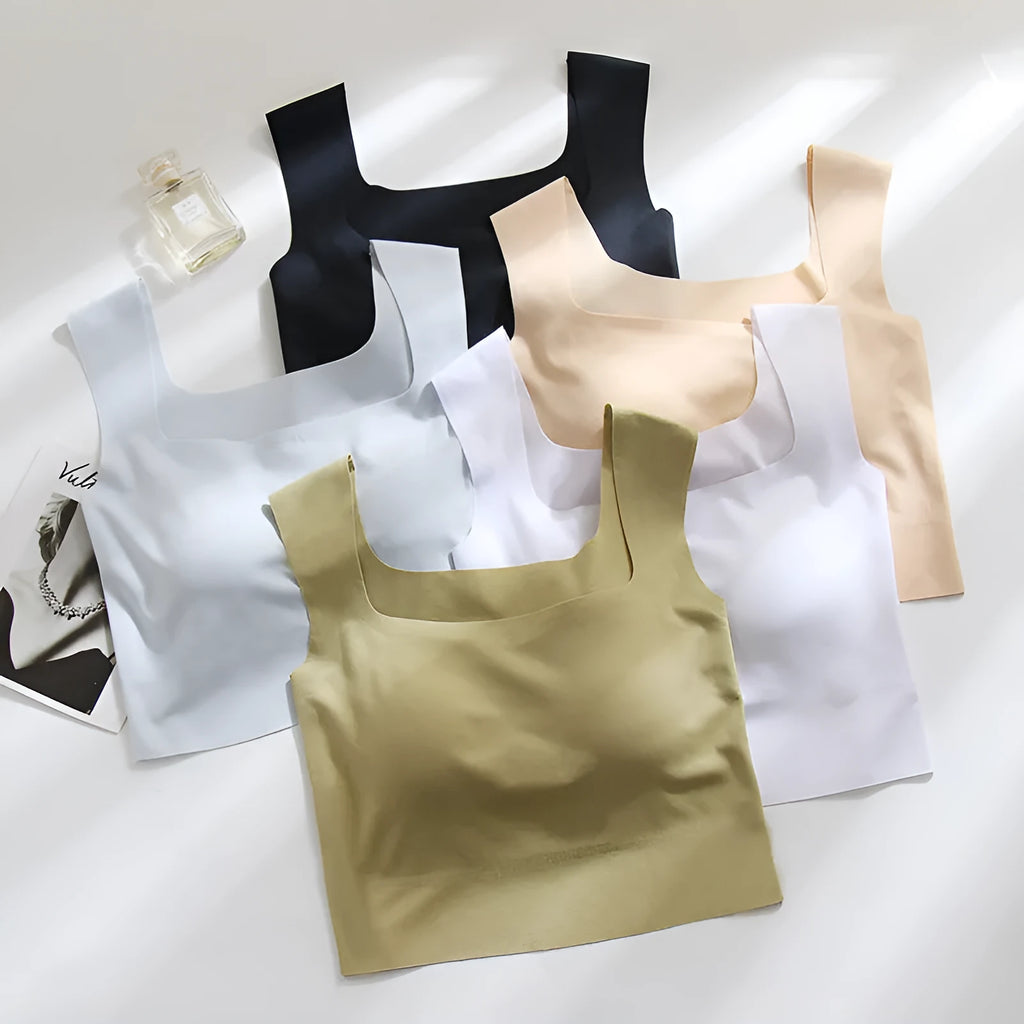 Women's seamless non-marking sling vest with thin mould cup in light blue.