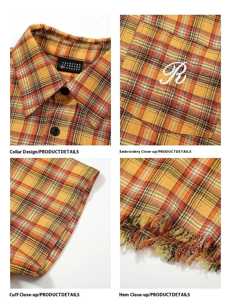 Yellow grid plaid shirt with embroidery pocket detail, loose fit short sleeve design