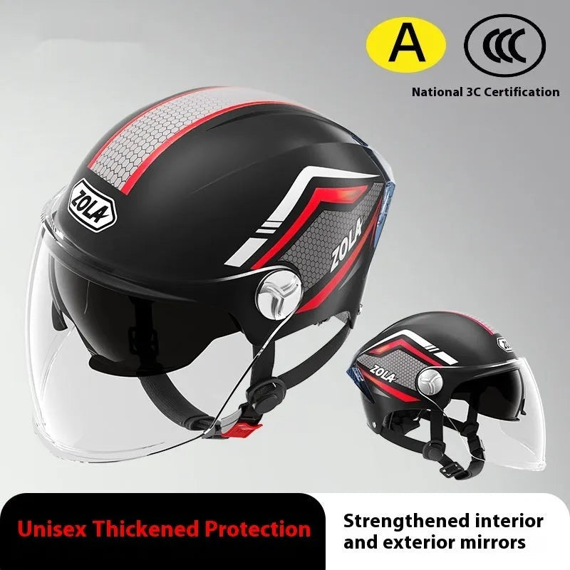 3C certified motorcycle half helmet showing integrated sun visor and dual anti-fog mirrors on a swivel mount.