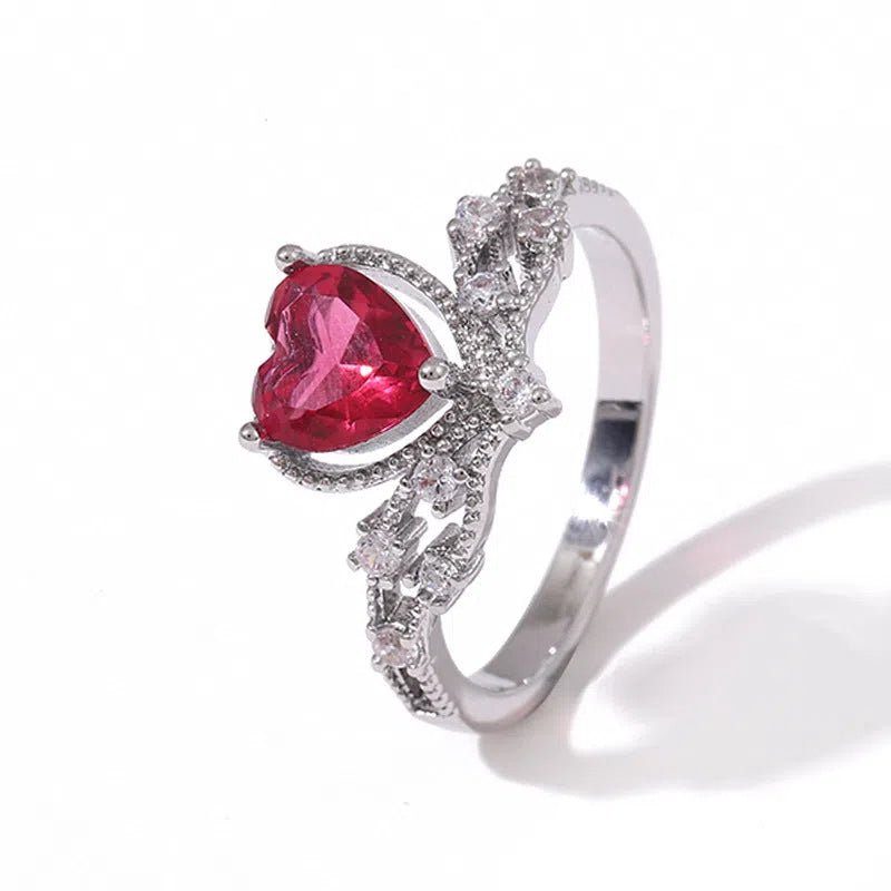 Silver heart-shaped zircon ring for women, copper palace style, available in sizes No 6 to No 10