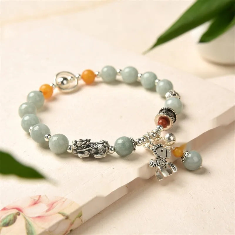 Natural emerald vintage bracelet with jade stone and antique alloy setting in retro style