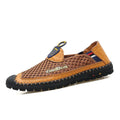 Men's brown breathable mesh casual shoes with round toe and rubber sole.