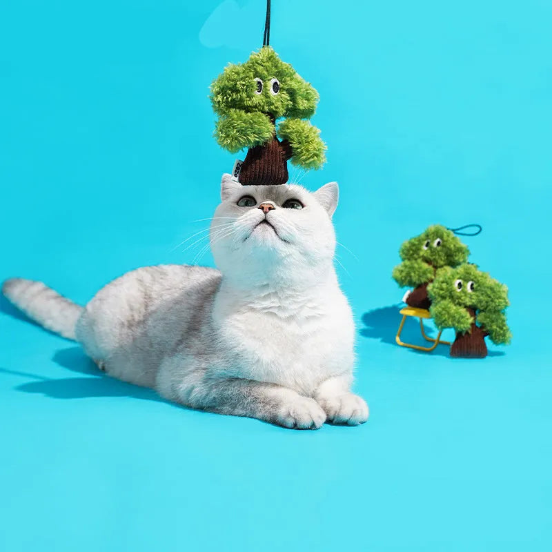 Pine tree shaped cat toy with cat mint filling and tease stick in three sizes