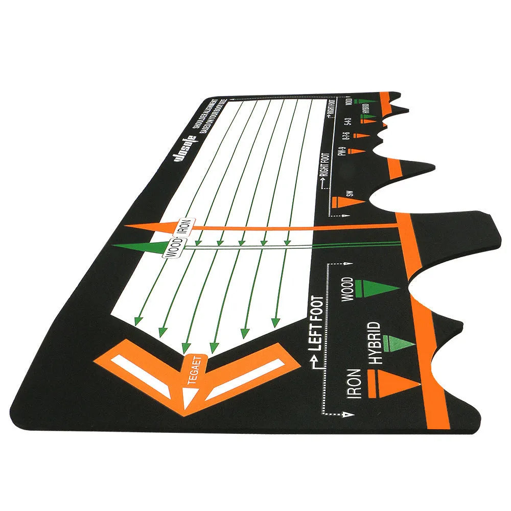 Black neoprene golf swing stance correction pad on grass