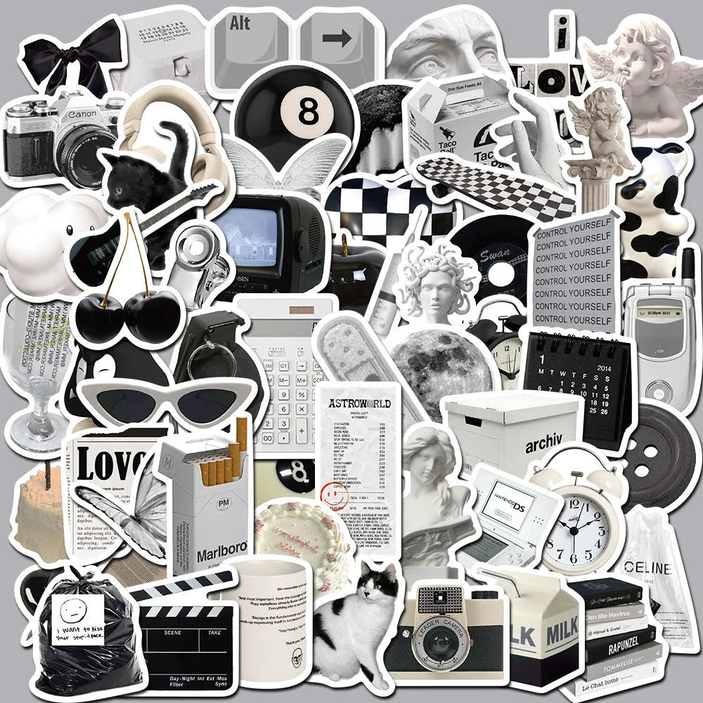 61 black and white simple style PVC vinyl stickers for laptops and phones.