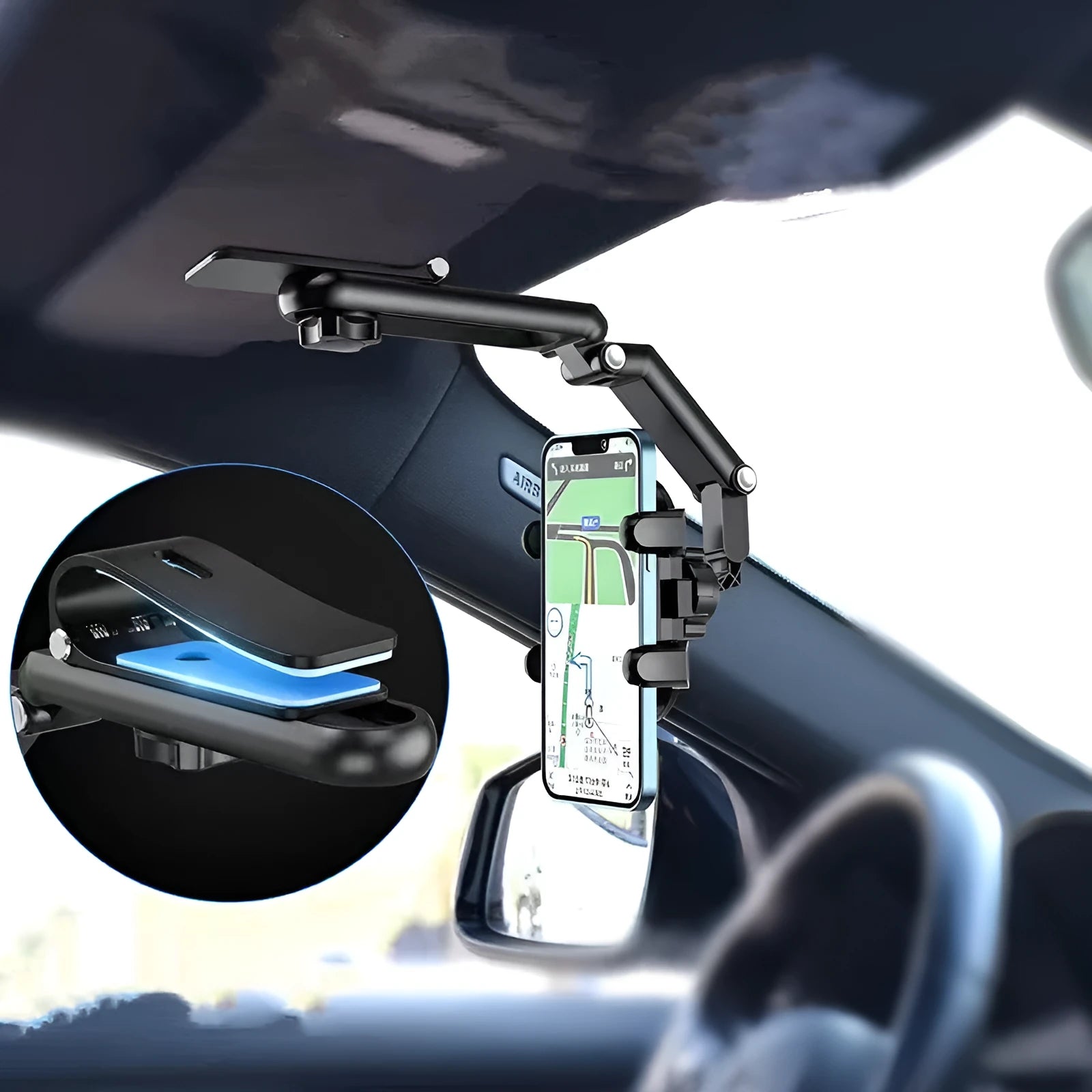 Black and green car mount sun visor with buckle clip for rear seat installation.