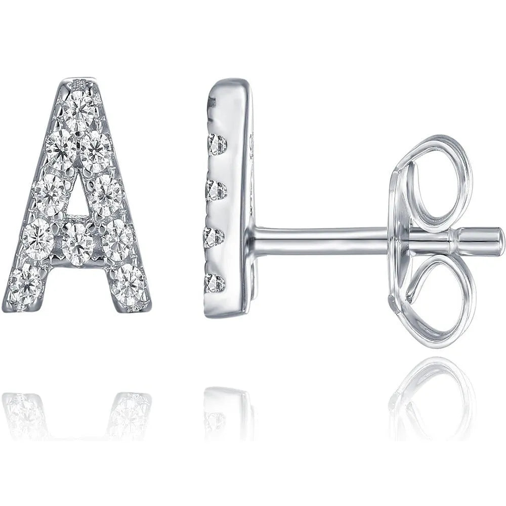 Gold plated copper stud earrings showing a single English letter, part of a full alphabet set.