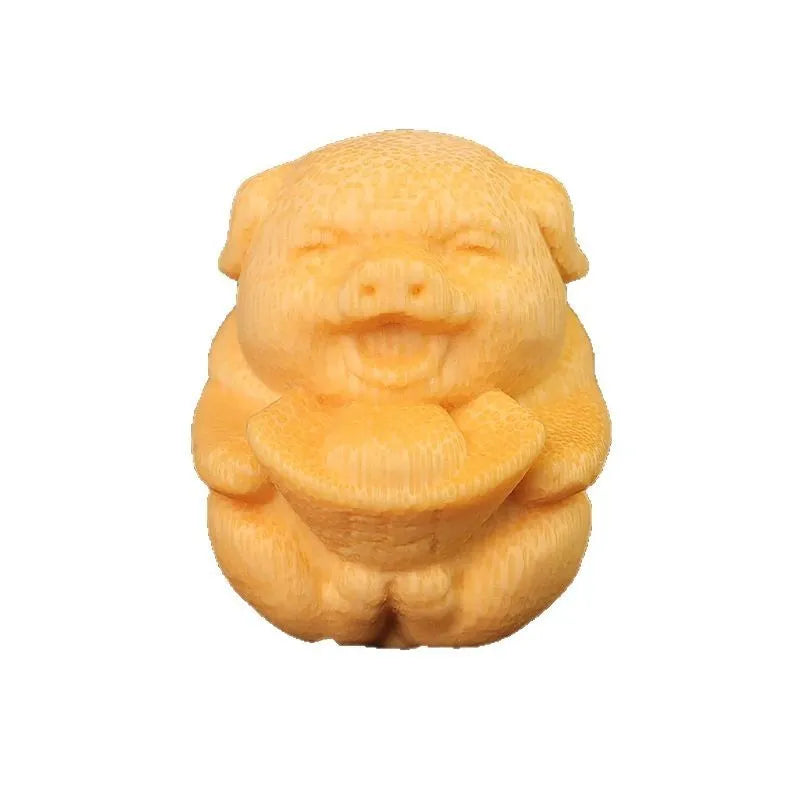 Solid bamboo carving ornament with cute pig design measuring 4cm tall