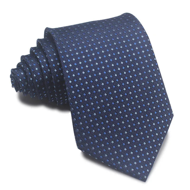 A man's striped formal tie in an arrow style, showing the jacquard texture and width of 7-8 cm.