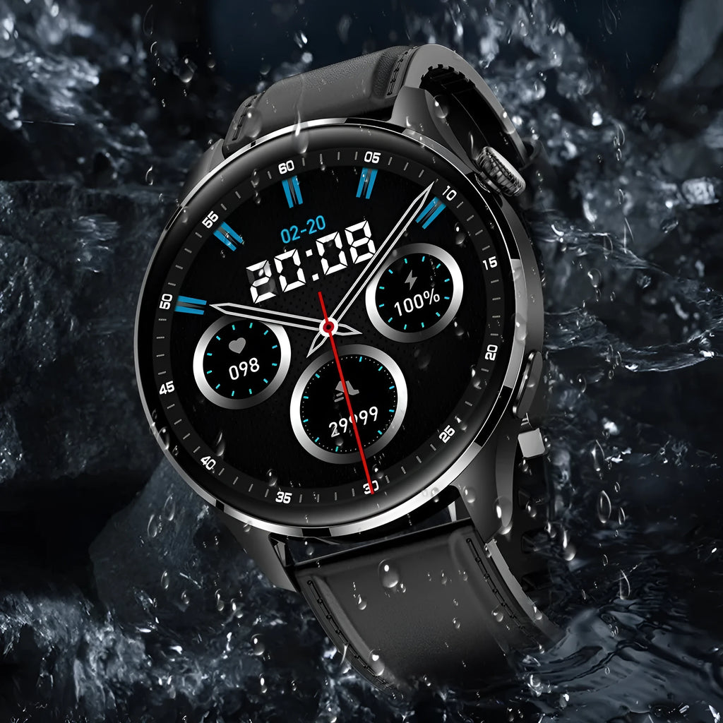 Smart watch with round colour screen on a black silicone strap, showing a call interface.