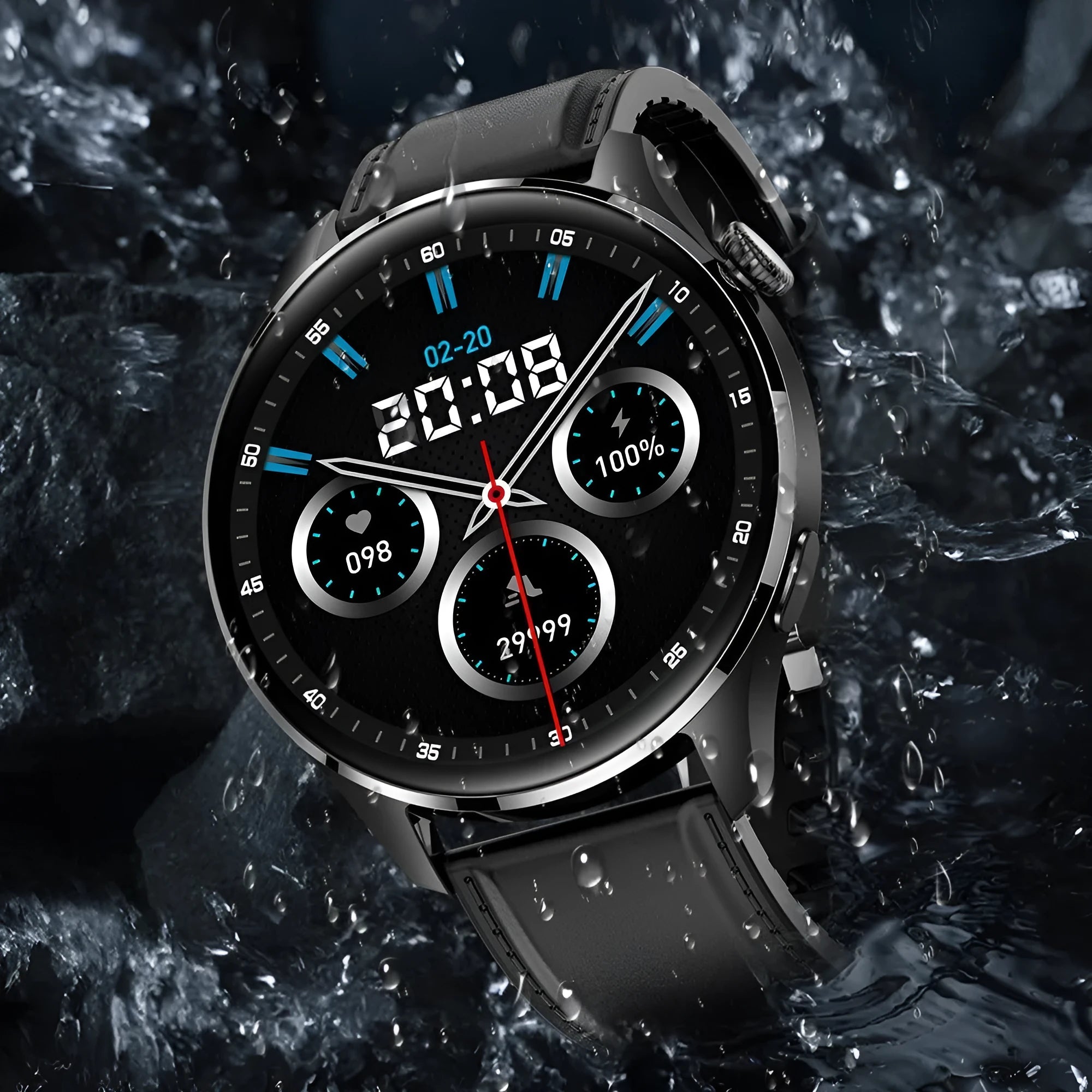 Smart watch with round colour screen on a black silicone strap, showing a call interface.