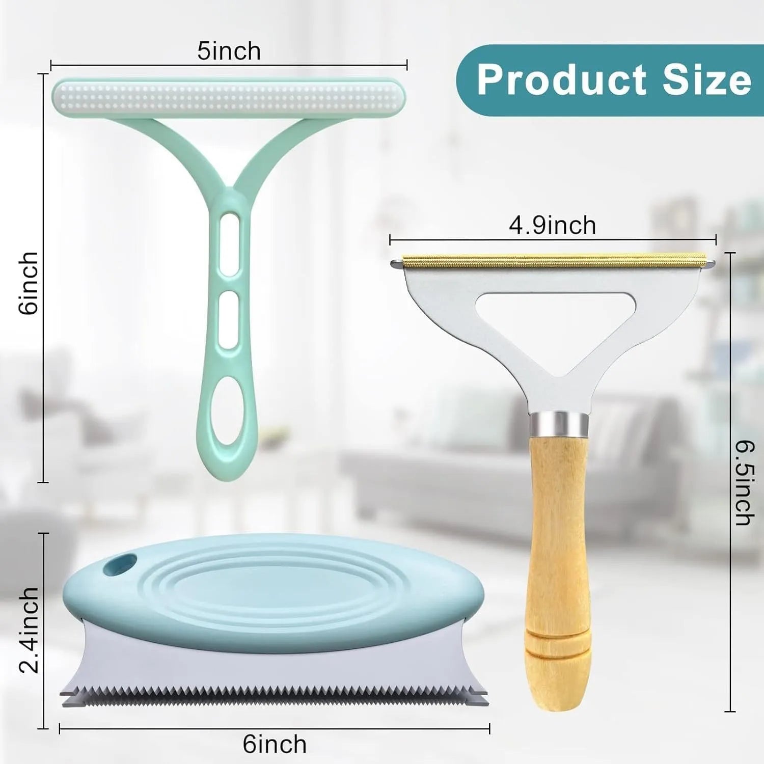 Three-piece pet hair remover set showing metal lint tool, silicone brush, and round scraper for clothes sofa car cleaning