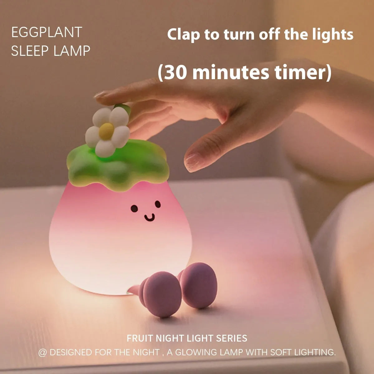 Cartoon eggplant small night lamp with soft yellow light beside broccoli design night light