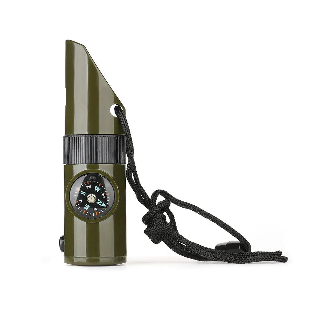 Outdoor professional seven-in-one multifunctional survival whistle in army green 98x29mm