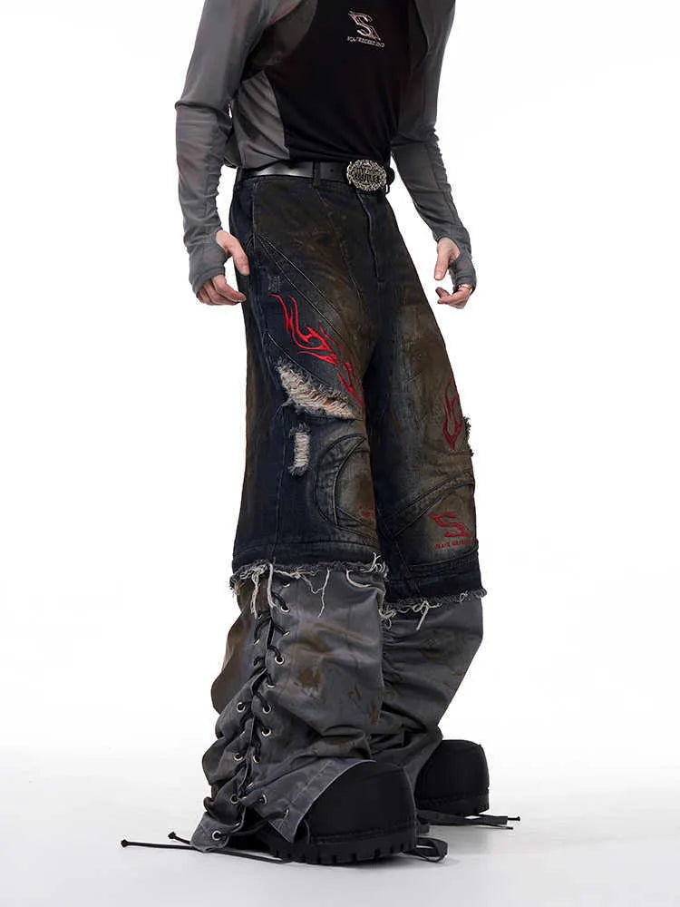 Men's retro jeans with detachable legs in wide-leg loose fit and mid-high waist