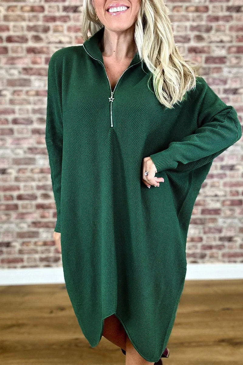 Women's solid colour knitted loose dress with raglan sleeves in trueran polyester fabric