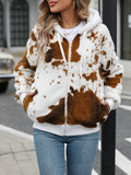 Yellow brown cow animal print hooded cardigan jacket with front zipper in Asian sizing