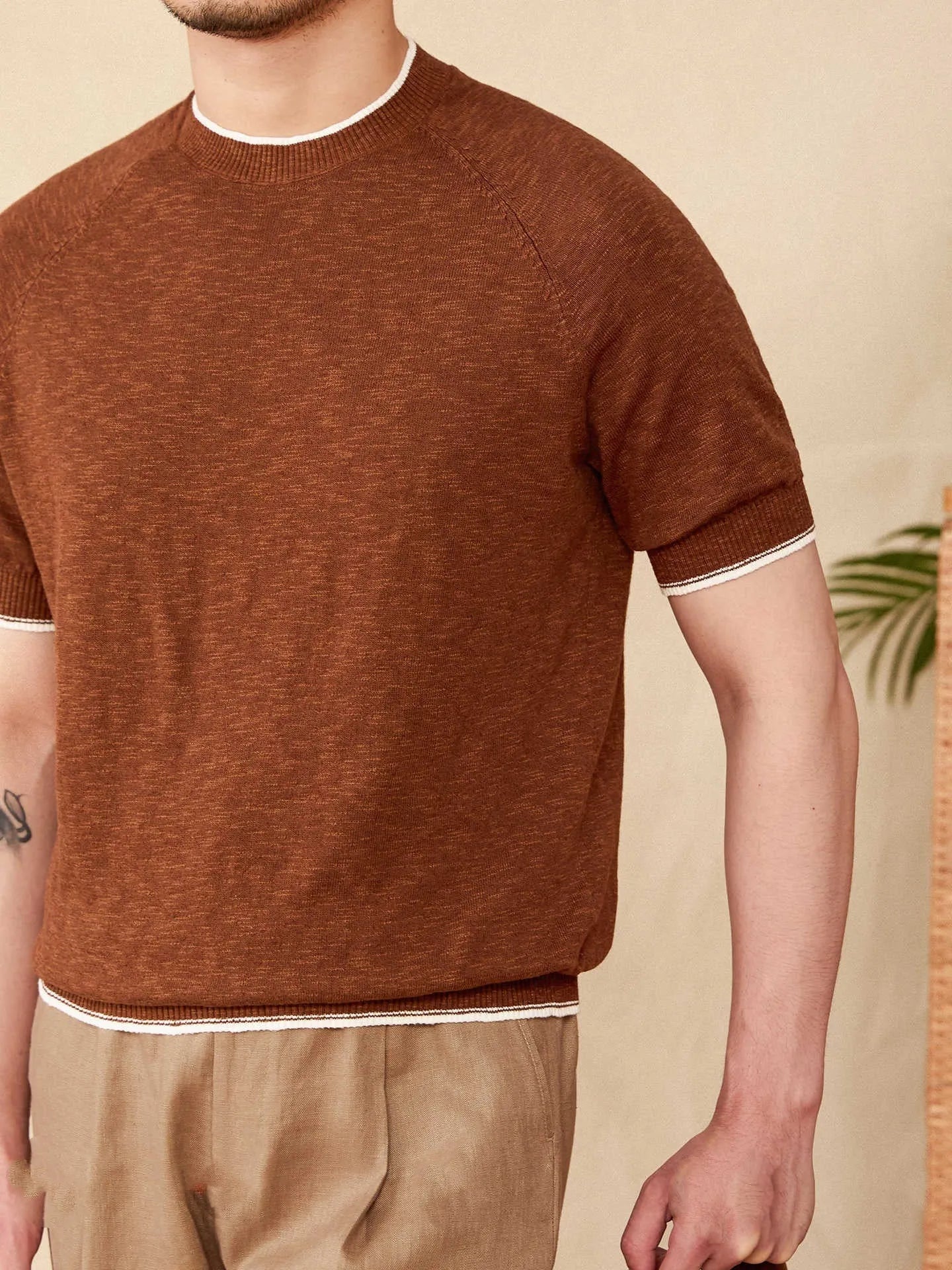 Brown linen cotton blend casual t-shirt with round neck and short sleeves on hanger