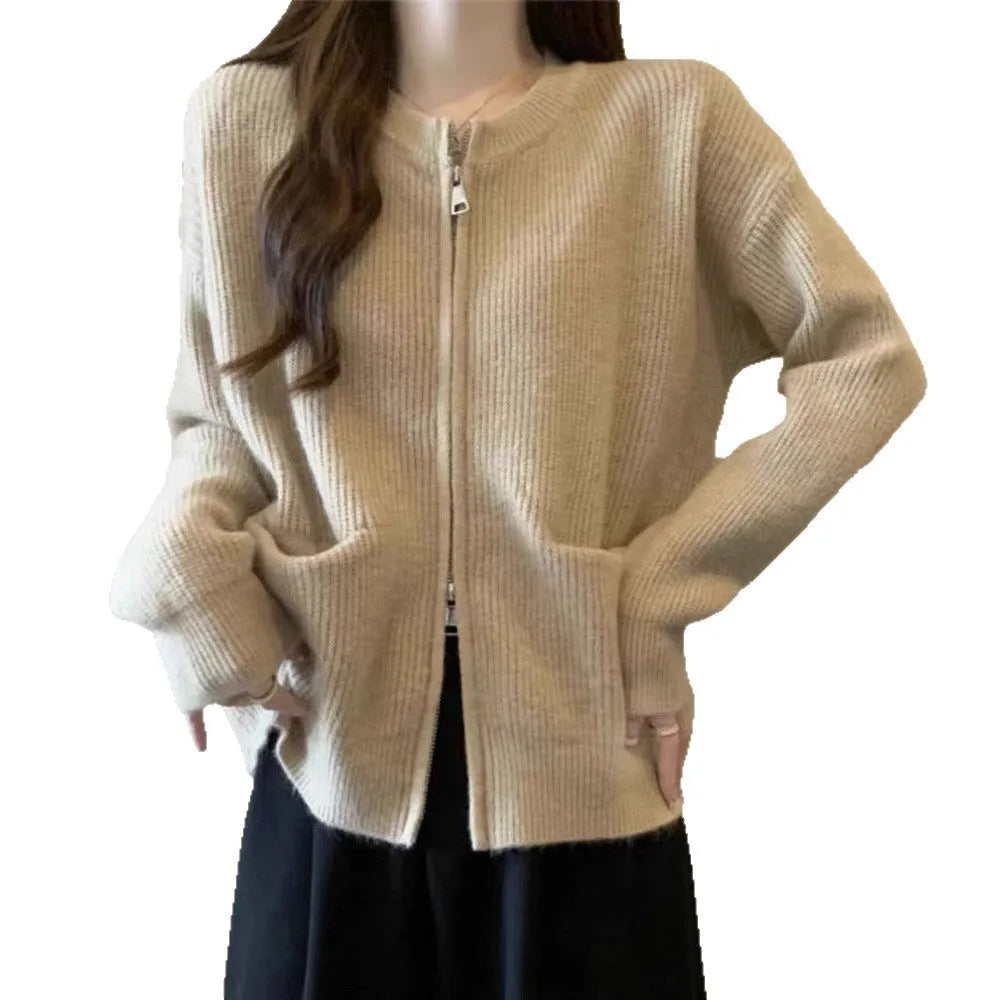 Beige women's cardigan-style sweater coat with long sleeves made from soft viscose.