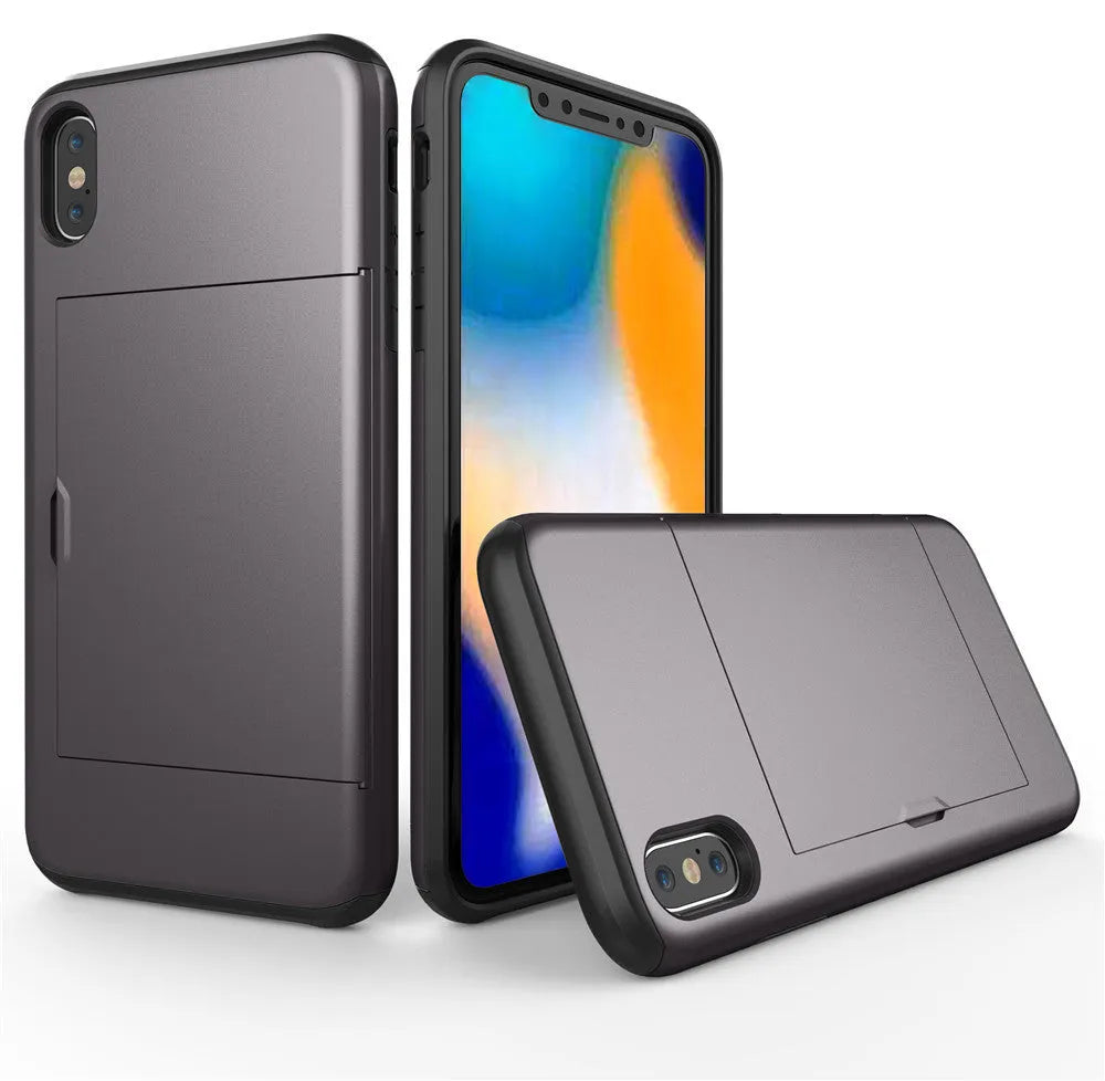 Armor Card iPhone case in black PC back cover with drop protection, shown from back angle.