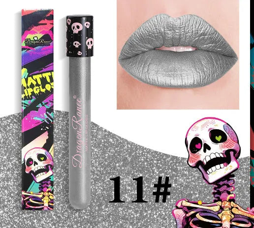 Halloween metallic lip gloss in skull test tube packaging with waterproof formula