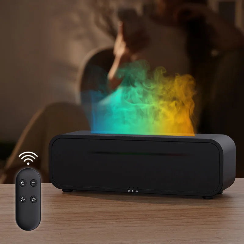Black and white aromatherapy diffuser with flame LED effect and remote control on wooden surface