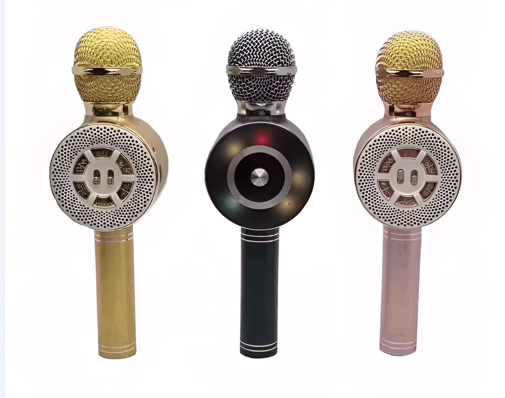 K Song wireless Bluetooth microphone integrated KTV audio in black, gold, and rose gold with USB charging cable