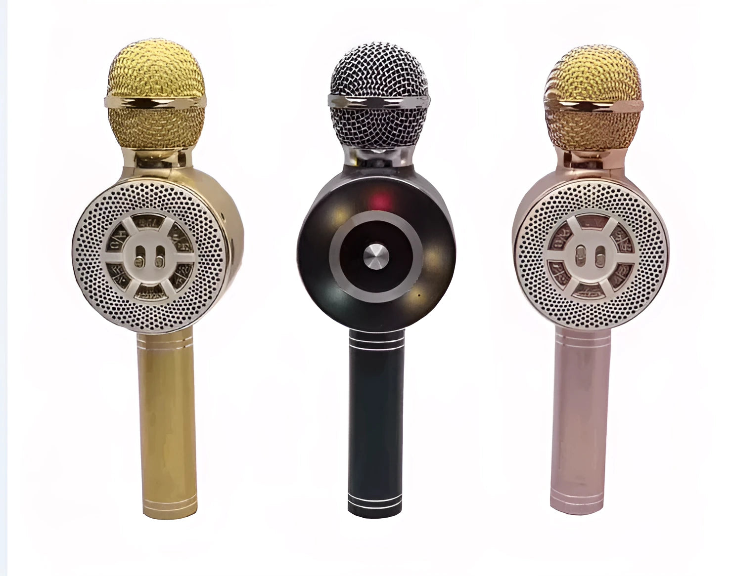 K Song wireless Bluetooth microphone integrated KTV audio in black, gold, and rose gold with USB charging cable