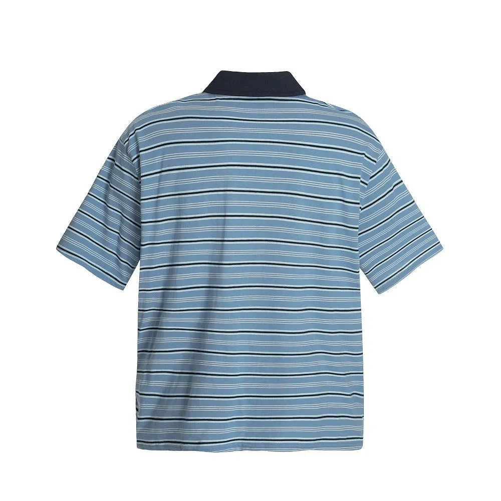 Man's blue striped cotton polo shirt with short sleeves and a loose, casual fit.