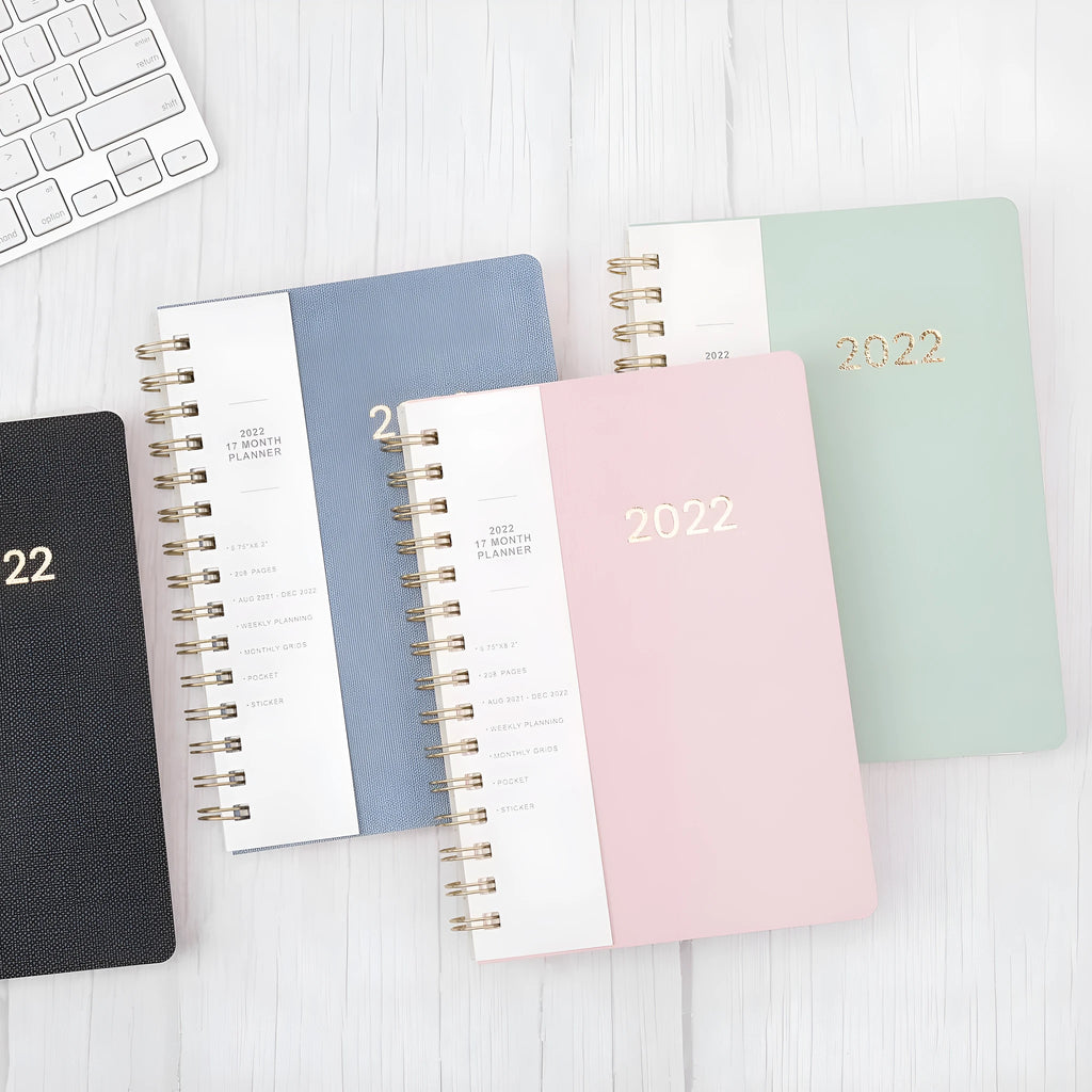 Blue and Green 2022 student week planner notebook with PU leather cover and pocket