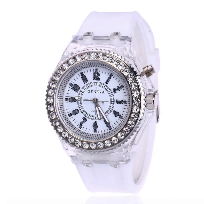 Women's LED luminous watch with round 43mm dial and silicone bracelet in multiple colour options