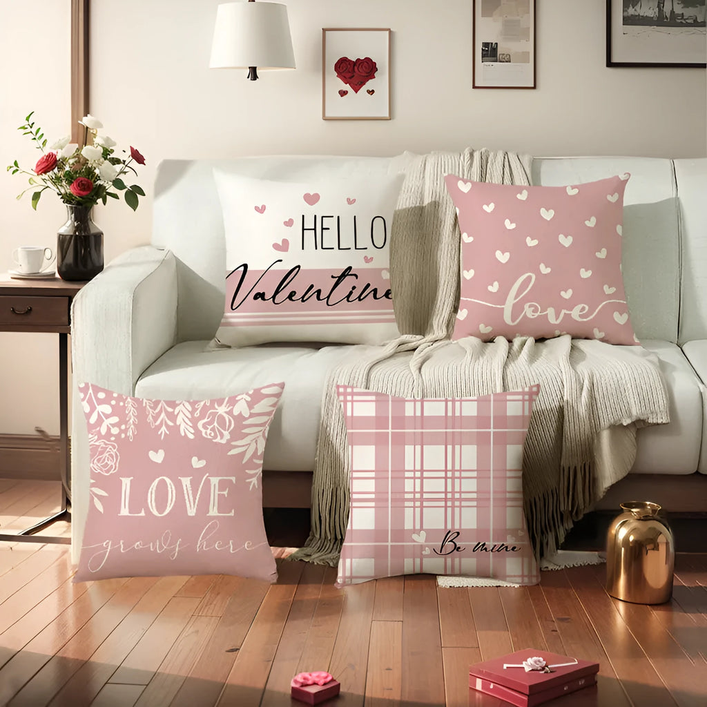 Square plaid and heart pattern decorative pillow cover with visible zip, shown in red and white colourway.