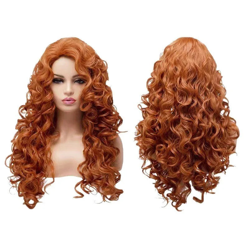 Brown long curly cosplay wig with instant noodles-style fluffy texture for Halloween and exotic costumes