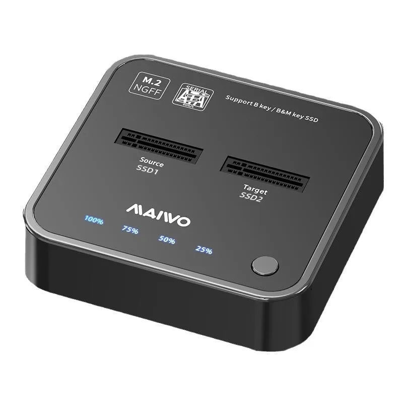 MAIWO K3016 M2 hard disk cloning dock for NVMe and SATA SSDs with USB cables and power adapter.