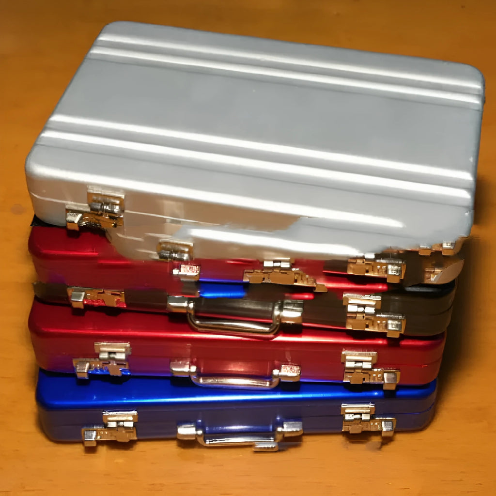 Aluminium alloy metal card holder in choice of six colours showing dimensions.
