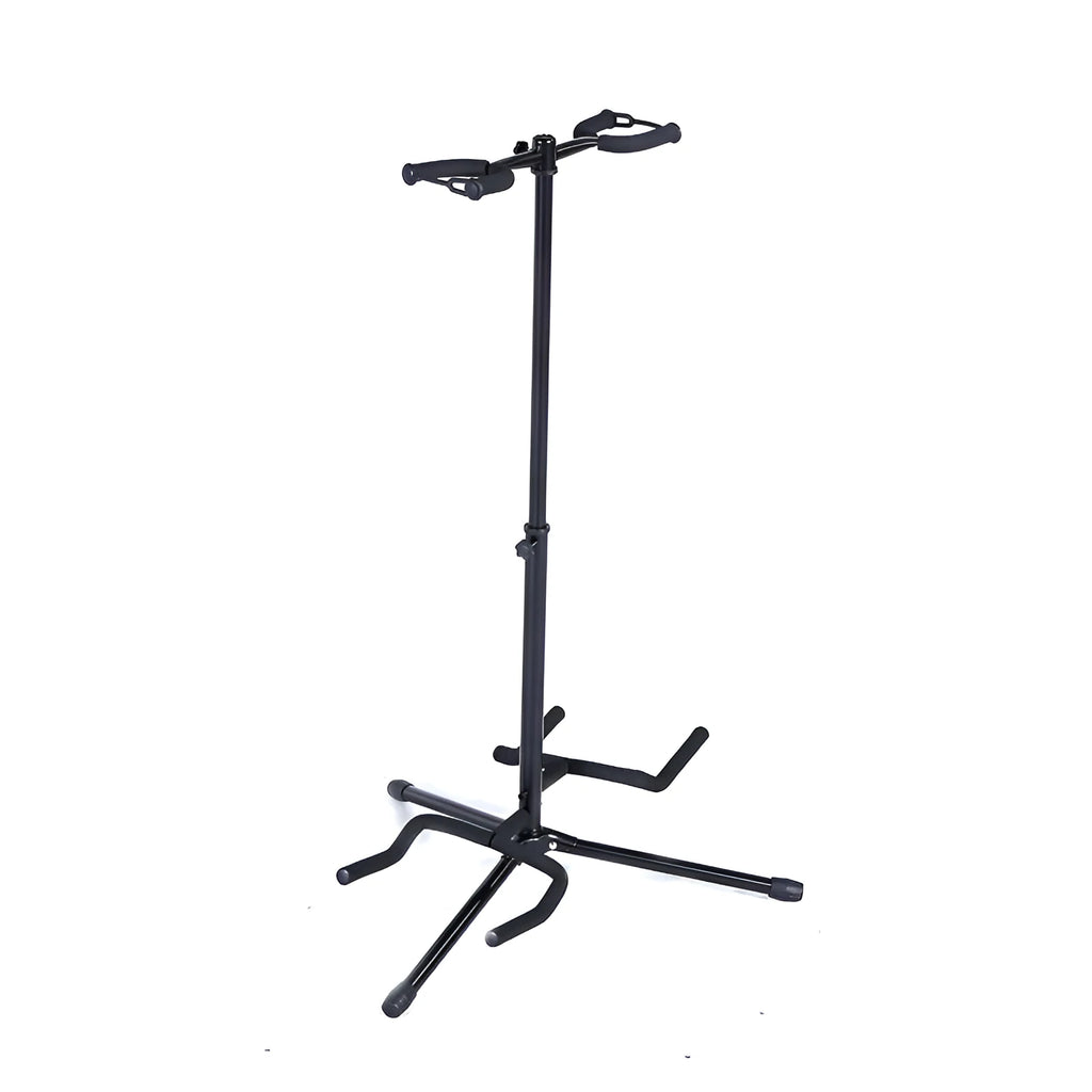 Black vertical double-headed adjustable guitar stand showing iron construction and height adjustment mechanism