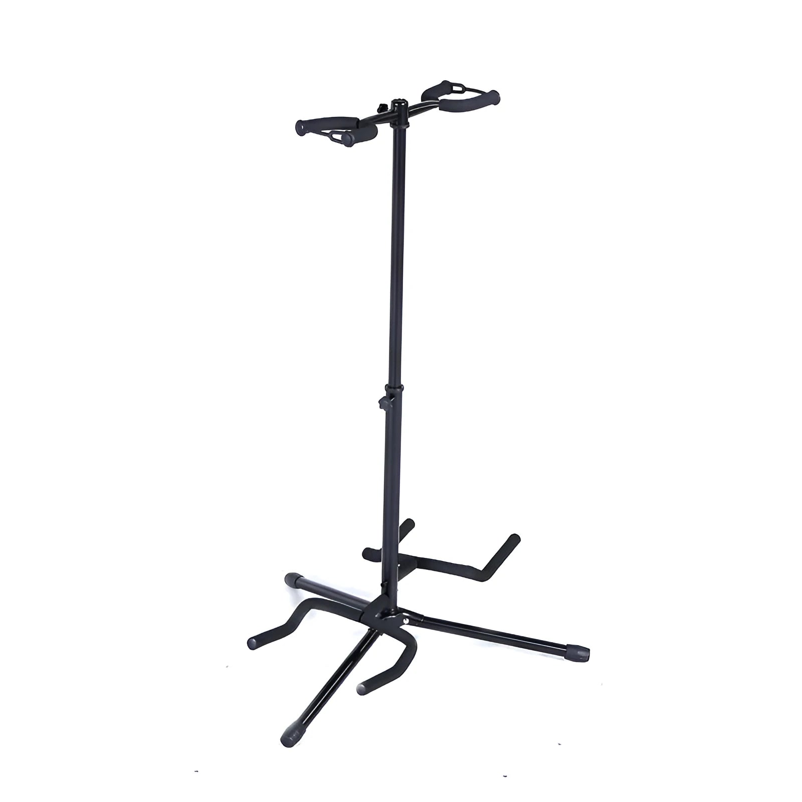 Black vertical double-headed adjustable guitar stand showing iron construction and height adjustment mechanism