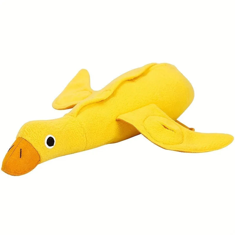 Yellow teddy duck dog toy with squeaker and treat compartment for training and dental care