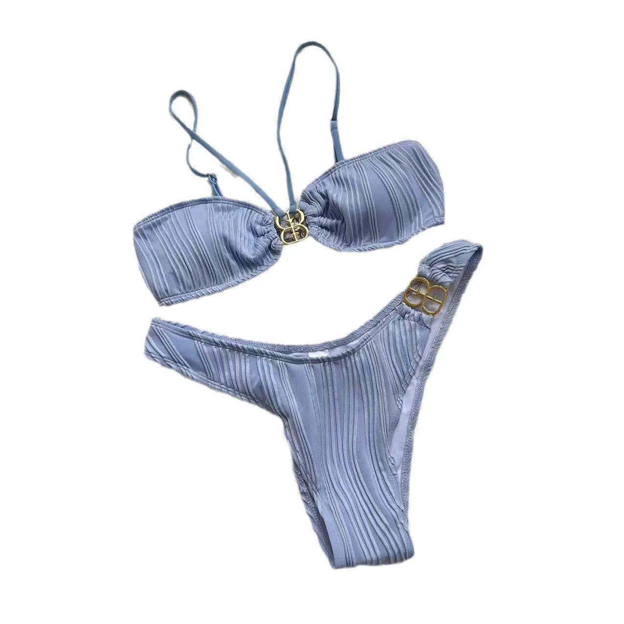 Women's solid colour hanging neck bikini set in beige, shown with briefs style bottoms.