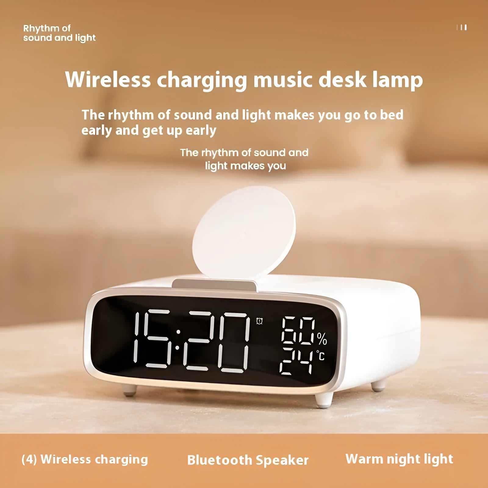 White wireless charging speaker alarm clock with Bluetooth and night light functions
