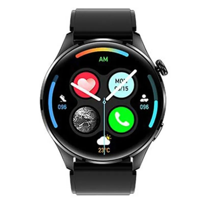 Smart watch with round colour screen on a black silicone strap, showing a call interface.
