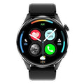 Smart watch with round colour screen on a black silicone strap, showing a call interface.